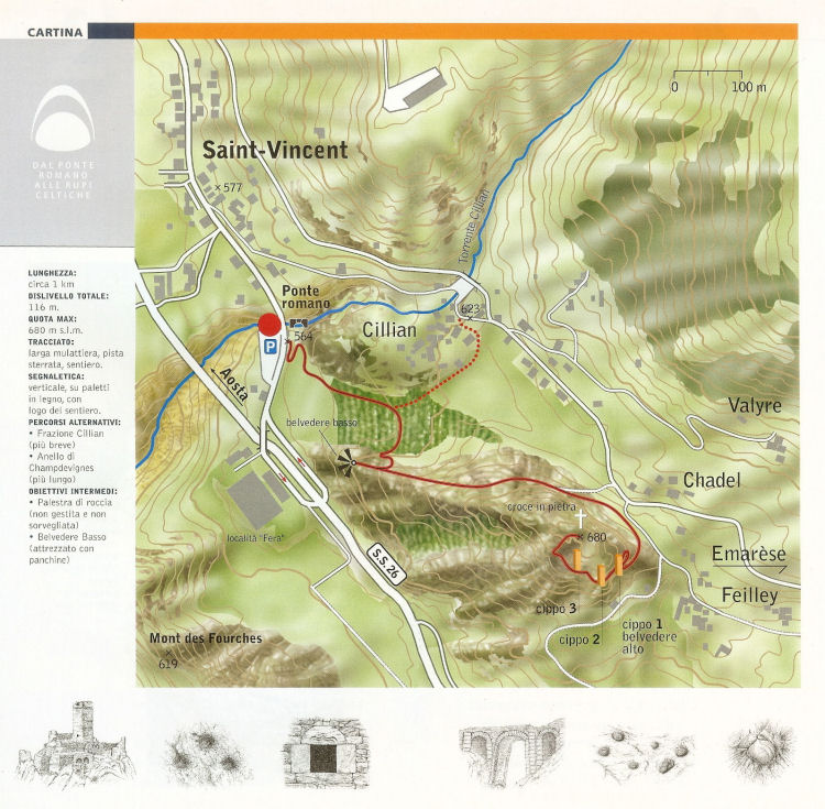 Mappa del Geosito -dal ponte romano alle rupi celtiche- a Saint-Vincent (154460 bytes)